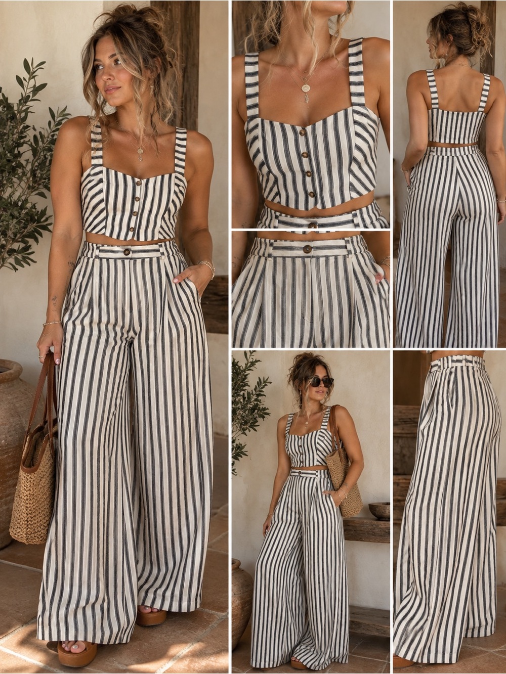 Self Contrast L Striped Cotton Linen 2 Piece Crop Top Wide Leg Pants Set L